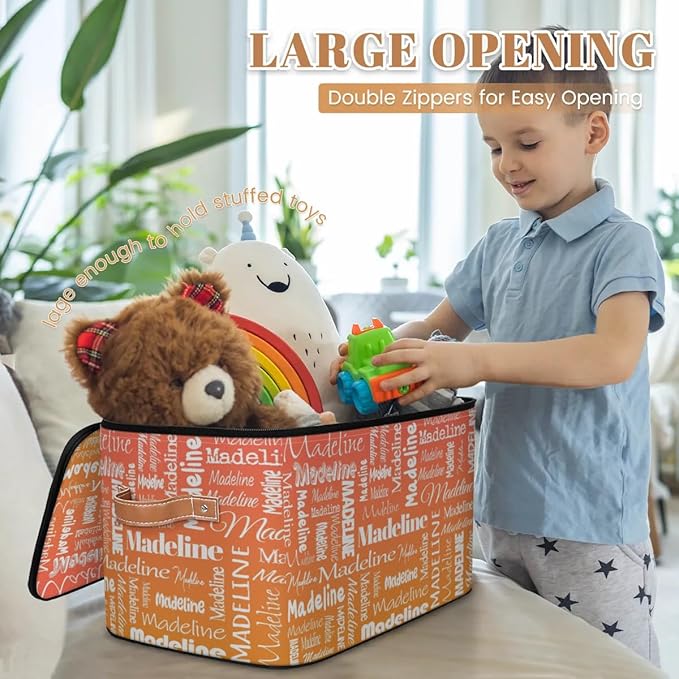 Custom Storage Basket with Name, Personalized Storage Bins with Zipper Lid, Foldable Fabric Storage Box Large capacity with Handle Orange