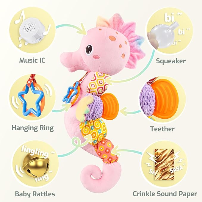 Sumobaby Infant Baby Musical Stuffed Animal Activity Soft Toys with Multi-Sensory Crinkle, Rattle and Textures, for Tummy Time Newborn 0-3-6-12 Months Girls,Seahorses, Pink