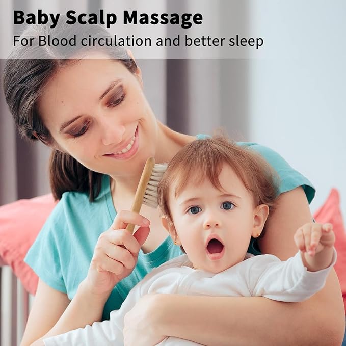 Goat Baby Hair Brush Set, Safe Natural Hair Care Kit with Wooden Soft Bristles Hairbrush Comb Pink Silicone Bath Brush for Newborns Toddlers (3pcs Set)