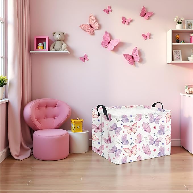 HIYAGON Rectangular Pink Basket for Girls Kids Baby Storage Basket Toy Storage Bin Organizer Box Room Decor(Watercolor Butterfly)