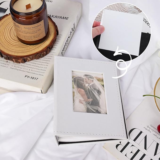 RECUTMS Photo Album 4x6 52 Pockets, Small Mini Capacity Leather Photo Album with Front Window, Each Pack Hold 52 Vertical Photos for Family Wedding Baby Children(White)