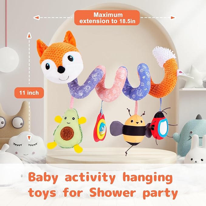 Koty Car Seat Toys, Infant Baby Spiral Plush Activity Hanging Toy for Stroller Bar Pram Crib with Music Box BB Squeaker & Rattles(Orange Fox)