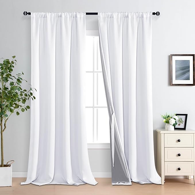 XWZO 100% Blackout Curtain Panels - Rod Pocket Thermal Insulated Black Liner Curtains, Noise Reducing and Heat Blocking Drapes for Hall and Studio Windows with Tiebacks, White, W52 x L95, Set of 2
