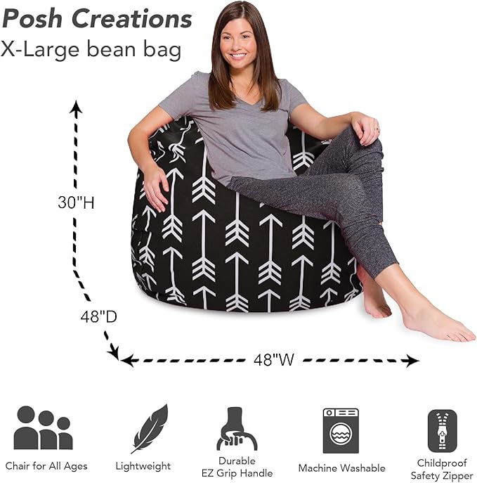 Posh Creations Bean Bag Chair for Kids, Teens, and Adults Includes Removable and Machine Washable Cover, Canvas White Arrows on Gray, 48in - X-Large