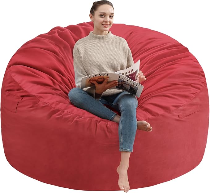 4FT Bean Bag Chair, Large Bean Bag Chairs with Memory Foam Filled, Fluffy Beanbag Sofa with Dutch Velvet Cover, Round BeanBag Chairs for Living Room, Playroom - Red