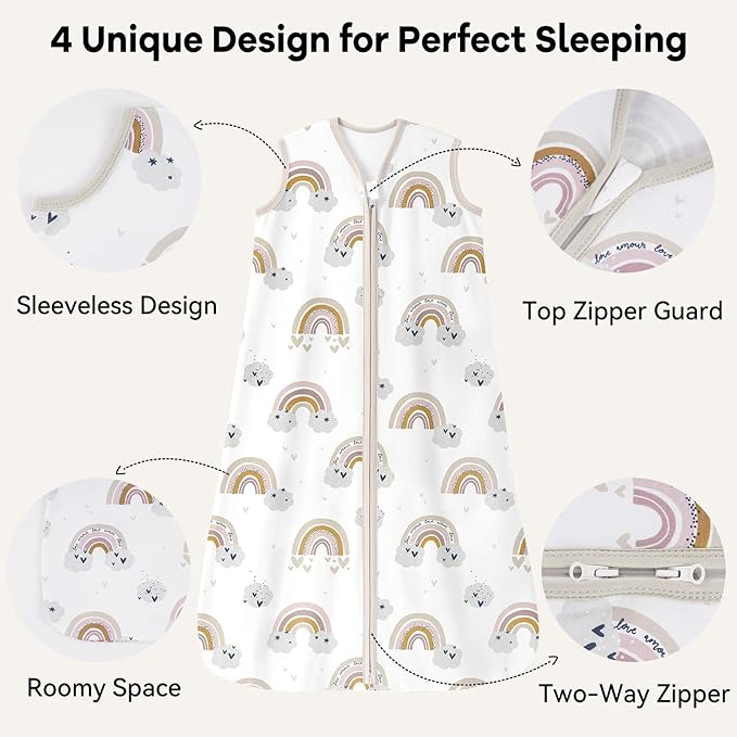 Baby Sleep Sack 18-24 Months 0.5 Tog Wearable Blanket Baby, 3 Pack 100% Cotton Lightweight Sleeping Sack with 2-Way Zipper for Infant Toddler Apricot White Sun Clouds