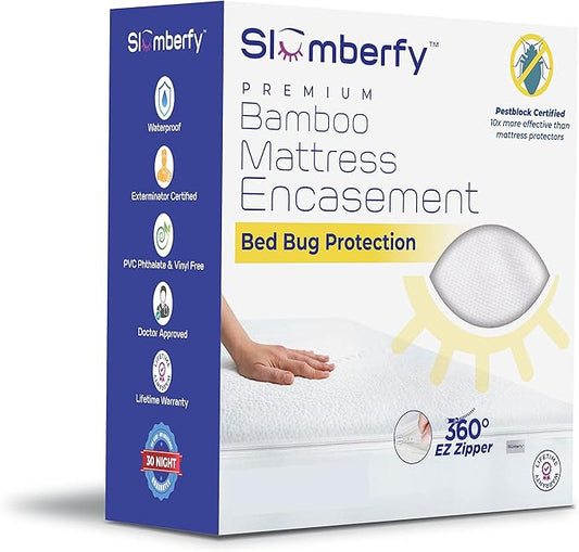 Queen Size Waterproof Bamboo Mattress Encasement by Slumberfy - Premium Skin-Safe Mattress Protector with 360° EZ Zipper, Lab-Tested Bed Bug, Zippered Encasement (60x80 in)