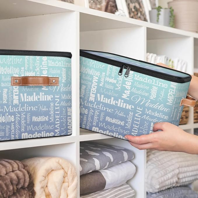 Custom Storage Basket with Name, Personalized Storage Bins with Zipper Lid, Foldable Fabric Storage Box Large capacity with Handle Green Blue Gradient