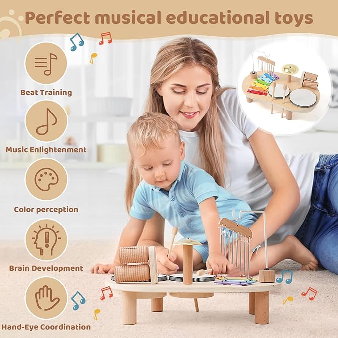 Promise Babe Wooden Musical Instruments for Toddlers 1-3, Percussion Instruments for Kids Baby Drum Set Xylophone, Montessori Educational Musical Toys, Gifts for Girls Boys Ages 3+