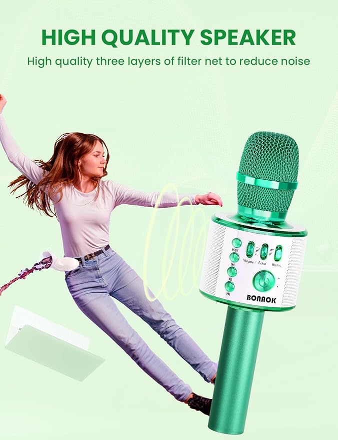 BONAOK Wireless Bluetooth Karaoke Microphone, 3-in-1 Portable Handheld Mic Speaker for All Smartphones, Gifts for Boys Kids Adults All Age Q37(Green)