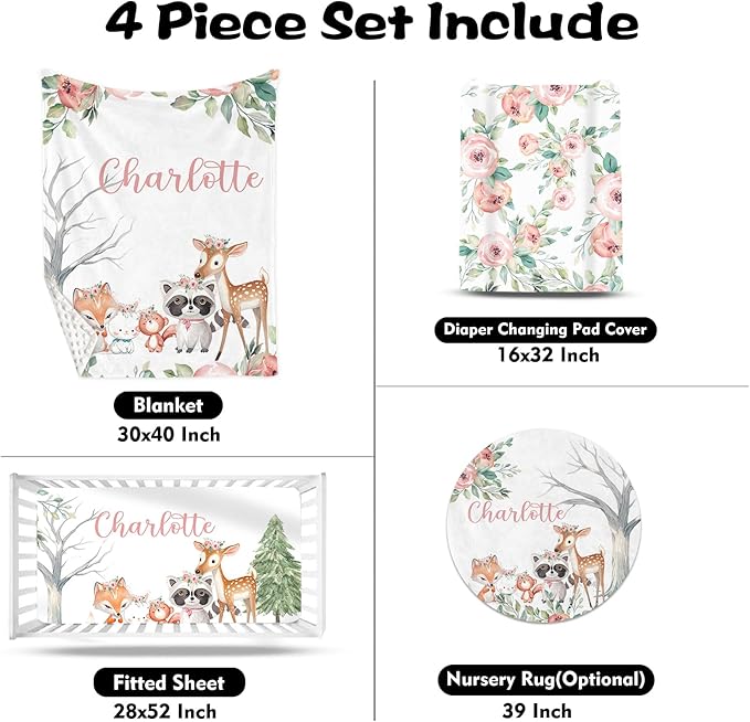 Custom Nursery Crib Bedding Set: Personalized Name 4 Piece Sika Deer & Fox Pattern Baby Crib Sets for Girls - Toddler Double Layer Blanket Set, Comfortable Crib Bed Sheets for Baby Toddlers