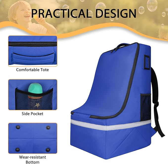 Car Seat Travel Bag for Airplane, Infant Seat Carrier with Shoulder Strap, Padded Backpack with Reflective Stripes, Blue