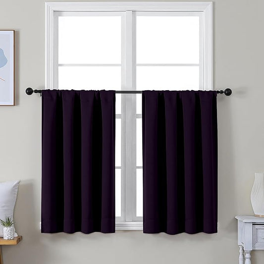 Simplebrand Ava BlackBerry Short 36 Inches Blackout Curtain 2 Panels Set, Half Window Rod Pocket Privacy Curtain Tiers for Kitchen, Curtains Blackout for Bathroom Shades, W40 x L36 Inch, BlackBerry