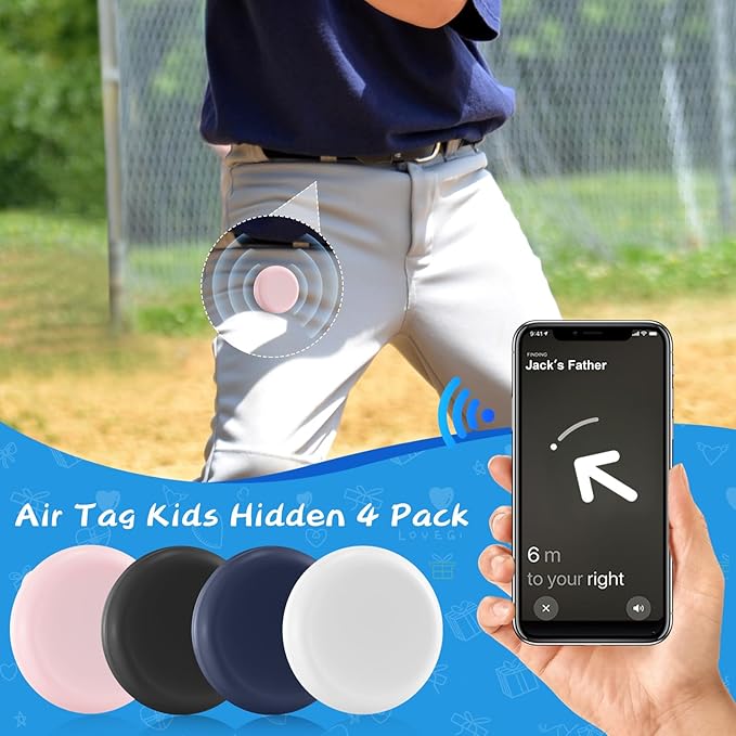 Waterproof Air Tag Holder for Kids, 4 Pack Air Tag Case with Invisible Pin, Soft Silicone Anti-Lost for Apple Air Tag, Used for Children, Elderly, Hidden Inside Clothes,Bag(White/Black/Pink/Navy Blue)