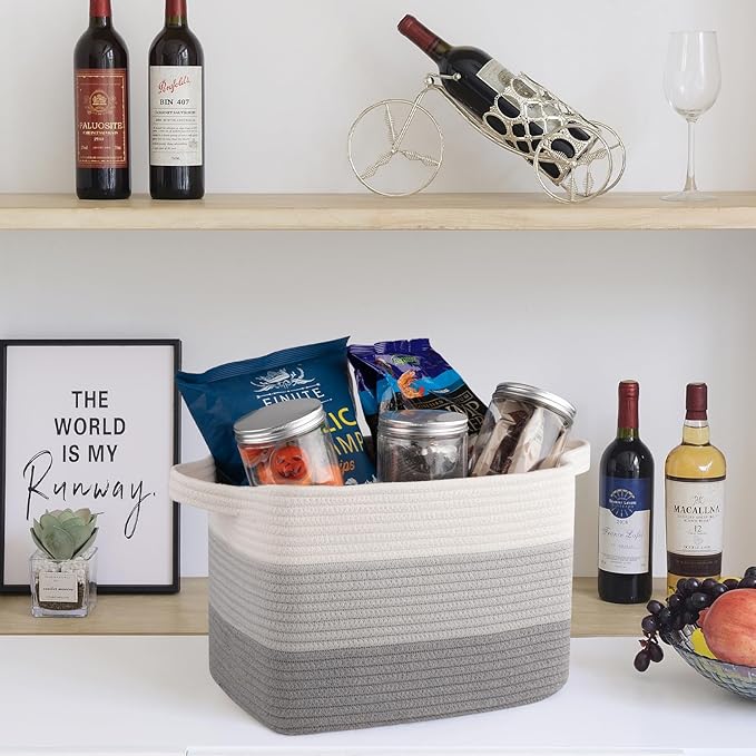 Storage Baskets for Organizing, Woven Baskets for Shelves, Rectangle Decorative Organizer for Storage Clothes, Toy, Books, Towels Nursery Bins 3 Pack (Gradient Grey)