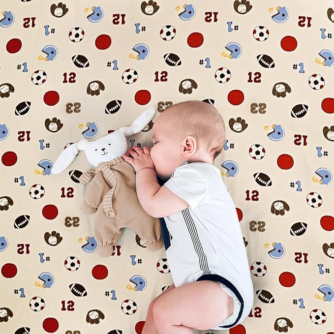 Wowelife Sports Mini Crib Bedding Set Boys Brown 3PCs Mini Crib Comforter Set Basketball Baseball Rugby Nursery Bedding Sets for Boys with Soft Comforter, Crib Skirt and 38x24 Sheet, Brown