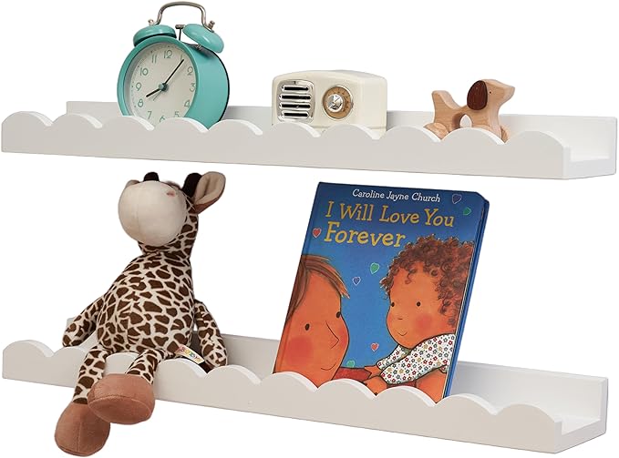 Nursery Book Shelves, Scalloped Floating Shelves 24inch Set of 2 Solid Pine Wood Wall Mounted Bookshelf with Wave Lip for Bedroom Kids, Toddler Room, Baby Room