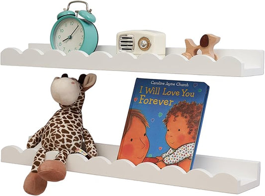 Nursery Book Shelves, Scalloped Floating Shelves 24inch Set of 2 Solid Pine Wood Wall Mounted Bookshelf with Wave Lip for Bedroom Kids, Toddler Room, Baby Room