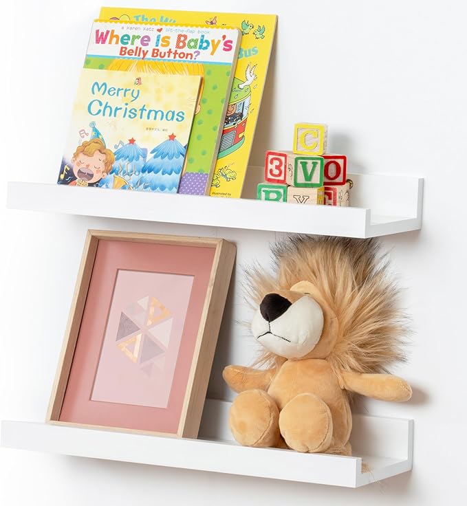 Picture Ledge Shelf for Wall, 16 inch Solid Pine Wood Nursery Book Shelves 2 Packs, Floating Ledge Shelves for Kids' Room Bedroom Bathroom Living Room Photo Frames Office Nursey Wall Decor, White