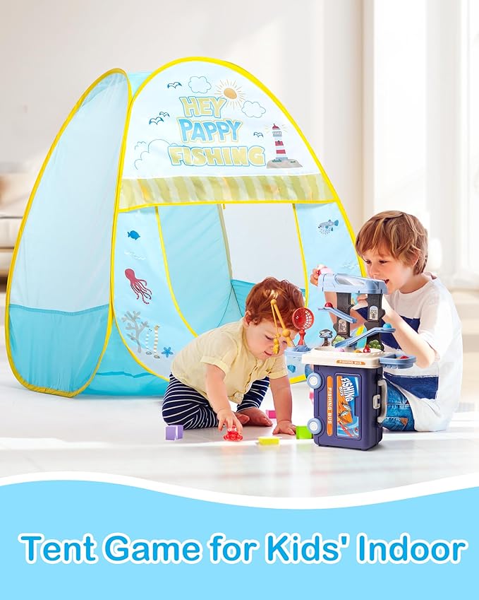 Kids Play Tent, Pop Up Play Tent Fishing Shop Theme with Complete Toy Set, Play Toys Play Set for Kids Indoor Outdoor Pretend Play