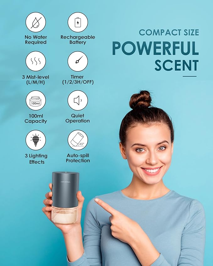 Essential Oil Diffuser Waterless Aromatherapy Diffusers for Home Large Room, Bedroom, Car, Office, Desk, Battery Operated, Small Diffuser for Pure Scent, 100mL Capacity, AN9 (Gray)