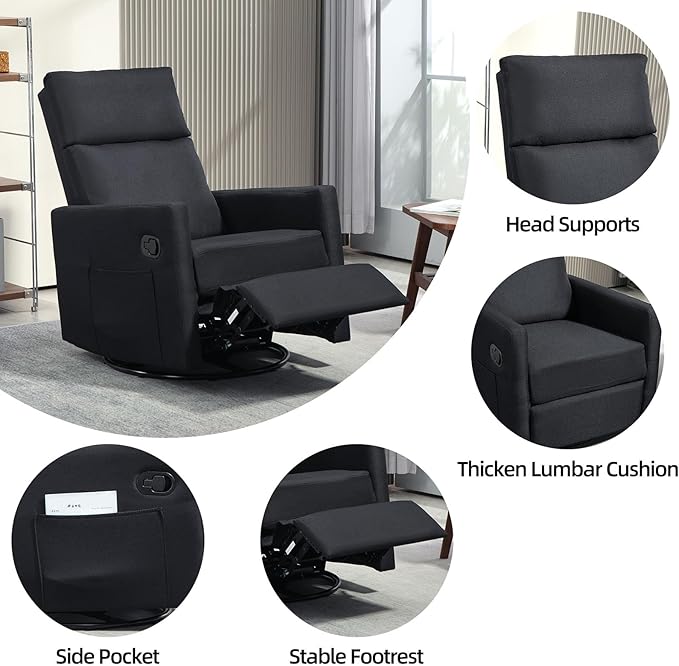 Swivel Rocker Recliner Chairs Set of 2, Upholstered Fabric Nursery Rocking Glider Chair with Adjustable Backrest and Footrest, Lay Flat Recliner Single Lazy Sofa for Living Room(Black)
