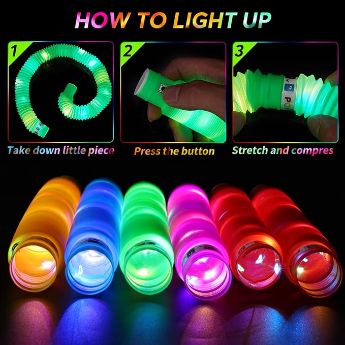 24 PCS LED Pop Tubes, Light Up Glow Tubes, Glow in the Dark Party Supplies, Sensory Toys Birthday Party Favors for Kids, Light Up Toys