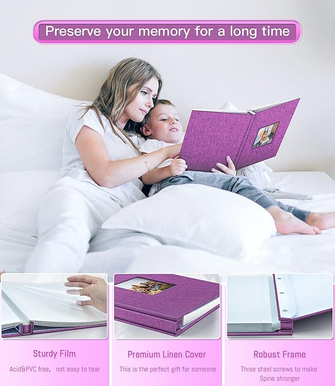popotop Photo Album Self Adhesive with Picture Display Window,60 Pages DIY Scrapbooking Supplies Kit for 4x6 8x10 Picture,Linen Cover Memory Book for Baby Wedding, with Scraper and Metallic Pen
