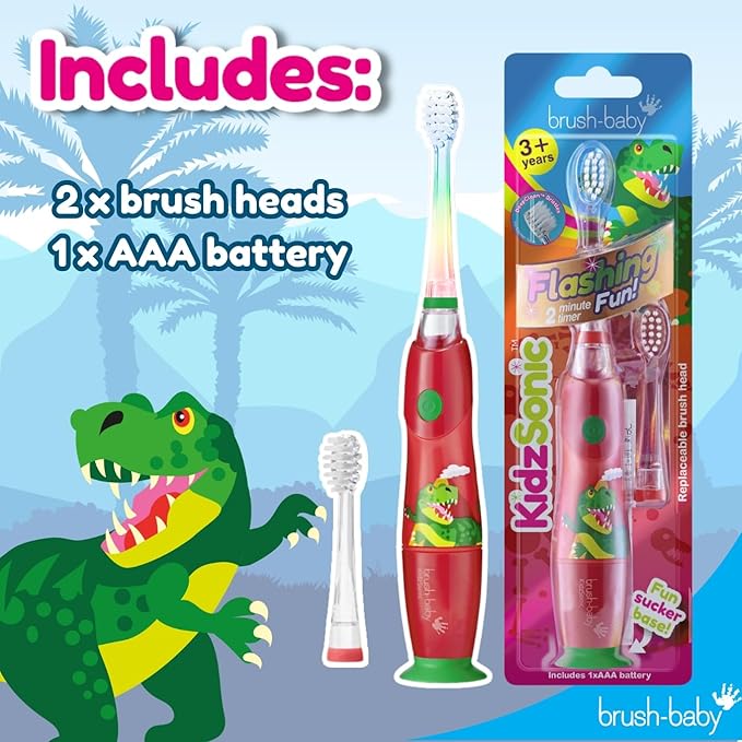 Brush‑Baby - KidzSonic Dinosaur Kids Electric Toothbrush for Ages 3+ with Disco LED Lights, Gentle Sonic Vibrations, 2-Minute Smart Timer & 30‑Second Pulse Reminders – AAA Battery Included