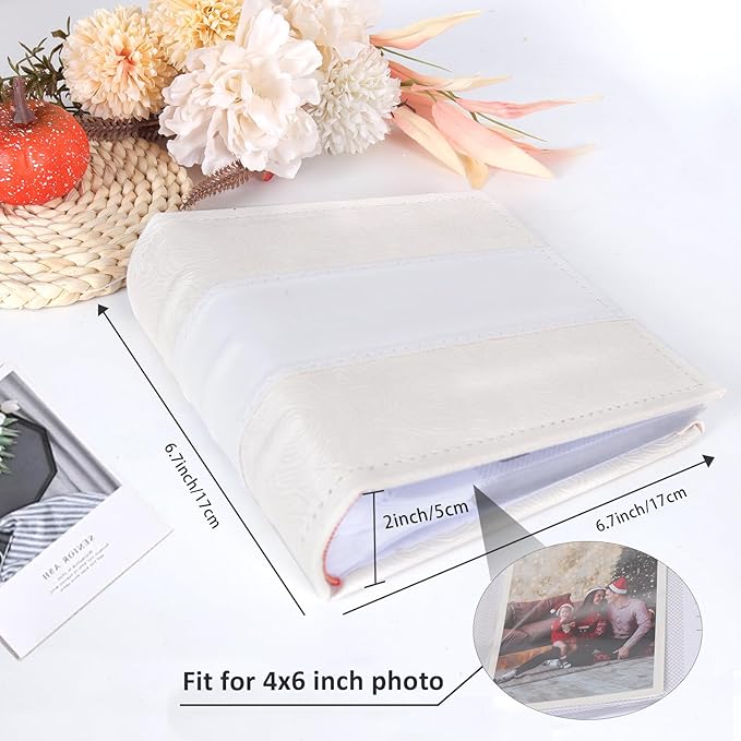 RECUTMS Photo Album 4x6 with Writing Space 100 Photos Photo Book, Leather Cover Picture Album with Memo Areas for Wedding Anniversary Family Baby Couple Valentines Graduation Travel (White)