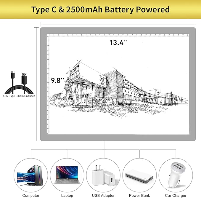 TOHETO Portable A4 Tracing LED Copy Board, Cordless Battery Powered 5 Levels Brightness Light Box Rechargeable Light Board for Tracing Weeding Vinyl X-ray Viewing Sketching Diamond Painting (Grey)