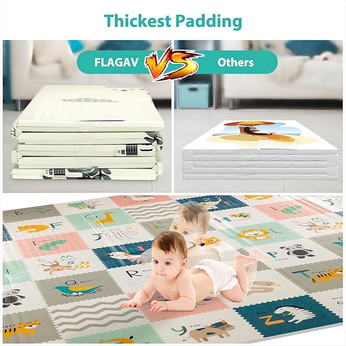FLAGAV Baby Play Mat, 79x71inch Extra Large Folding Baby Crawling Mat, Waterproof Reversible Playmat Foam Non Toxic Anti-Slip Portable Kids Play Mat for Infant, Toddler