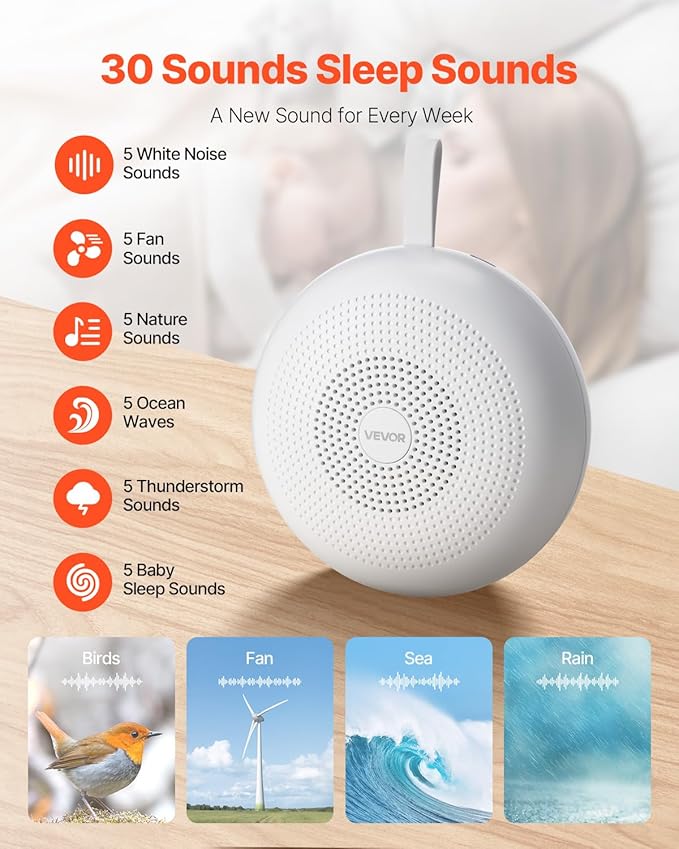 VEVOR Sound Machine, 30 Soothing Sleep Sounds, 3-in-1 Portable and Hangable White Noise Sound Machine with Auto-Off Timer, Soft Ring Light and Memory Function, for Baby, Adults, Home, Office & Travel