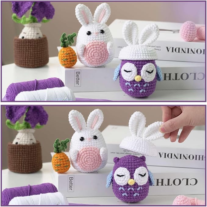 yhwsymgmho Crochet Kit for Beginners:2pcs Animals Crochet Starter Kits with Step-by-Step Video Tutorials,Easy Knitting Set for Adults Kids,DIY Crocheting Doll Gift(Bunny and owl)