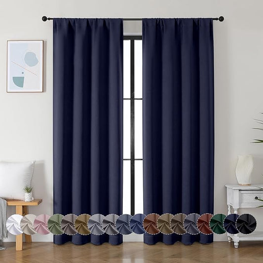 Simplebrand Ava Navy Blue Blackout Curtains for Bedroom 84 Inch Length 2 Panels Set, Solid Thermal Insulated Privacy Living Room Window Treatment Curtains Blackout Drapes, W40 x L84 Inch, Navy Blue