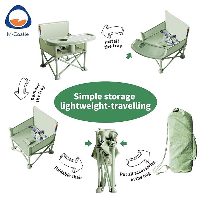 New Portable Travel Booster Seat with Tray|Foldable Infant Seat Booster Dining Chair|Great for Camping, Beach, Lawn|Toddler, Child Camping Chair 6 Months - 3 Years Old (Green)