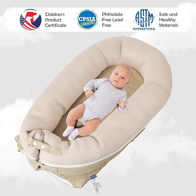 Baby Lounger, Deluxe Infant Lounger, Baby Nest Cover for Baby, Breathable Cotton, Adjustable Baby Floor Seat for Tummy Time, Newborn Essentials for Baby 0-12 Months (Khaki)