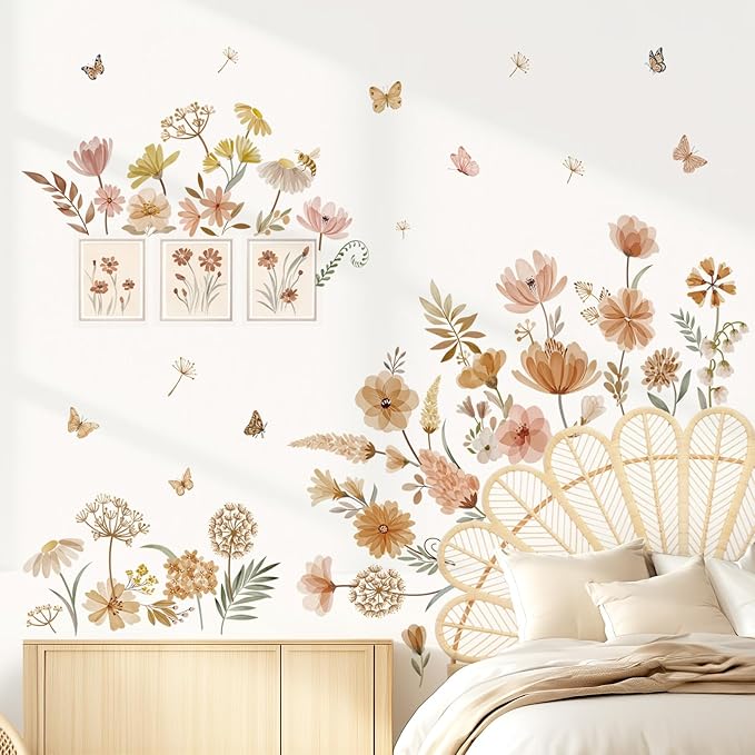 decalmile Boho Flower Wall Decals Wildflower Dandelion Grass Wall Stickers Girls Bedroom Living Room Kitchen Wall Decor