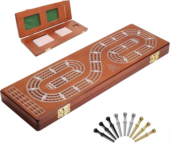 Cribbage Board Game Set 3 Tracks, Plusvivo Solid Oak Wood Cribbage Boards Unique with 9 Metal Pegs & 2 Storage Area, 15.5 X 4.9 X 1.2 in Travel Portable Cribbage Game Sets for Family