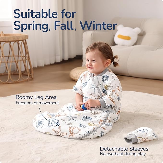 Baby Sleep Sack 12-18 Months, Cotton Detachable Long Sleeve Sleep Sack, 2.5 Tog Toddler Sleeping Sack with Temperature Strips, 2-Way Zipper Wearable Blankets for Newborns, Ocean