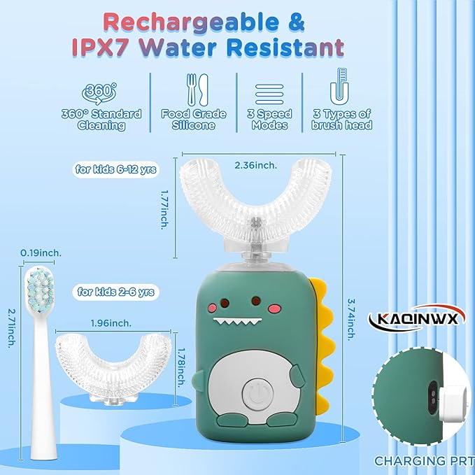 Kids U Shaped Electric Toothbrush for Age 2-12, Rechargeable Toddler Toothbrush with Smart Timer & 3 Clean Modes, Dinosaur Design, IPX7 Waterproof, 3 Brush Heads & 360°Cleaning