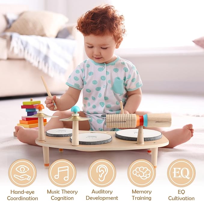 Kids Drum Set for Toddlers 3+, 8 in 1 Montessori Musical Instruments - Wooden Musical Toys for Baby Easter Christmas Birthday Gifts for Preschool Learning Music for Boys Girls Age 3 4 5 6
