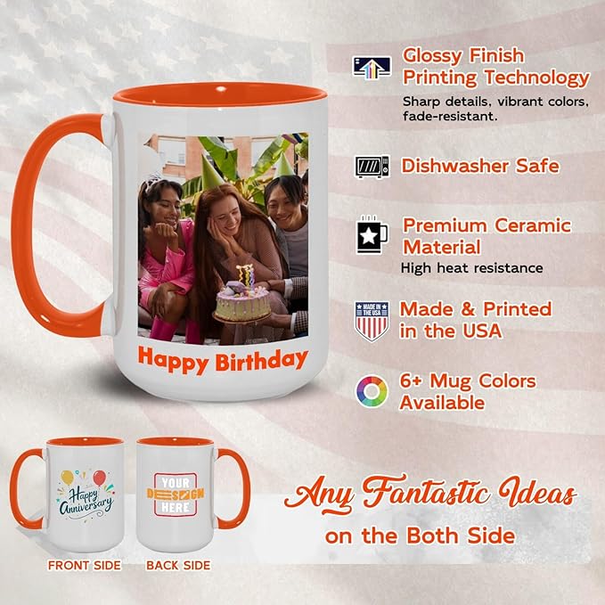 Ship Next Day Custom Mug Design Your Own Photo Text Personalized Picture Gifts for Women Men Customized Gifts Idea Personalized Coffee Mugs 15oz Orange Handle