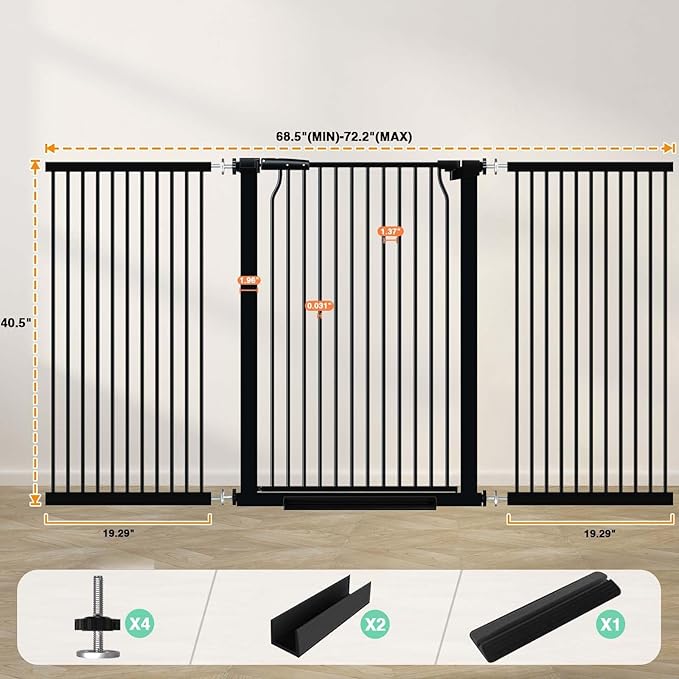 40.5" Extra Tall Baby Gate for Stairs, 68.5"-72.2" Extra Wide Long Dog Gate for The House, Safety Child Gate Easy Walk Thru Indoor, Metal Auto Close Pressure Mount Pet Gate for Doorways Hallway, Black