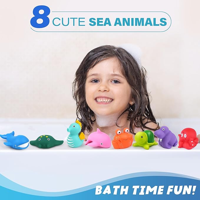 LotFancy Bath Toy, 8PCS Mold Free Bath Toys for Kids Ages 1-3, No Holes Baby Bath Toys for Toddlers 2-4, Ocean Sea Animal Bathtub Toys, Soft Floating Pool Water Table Toys