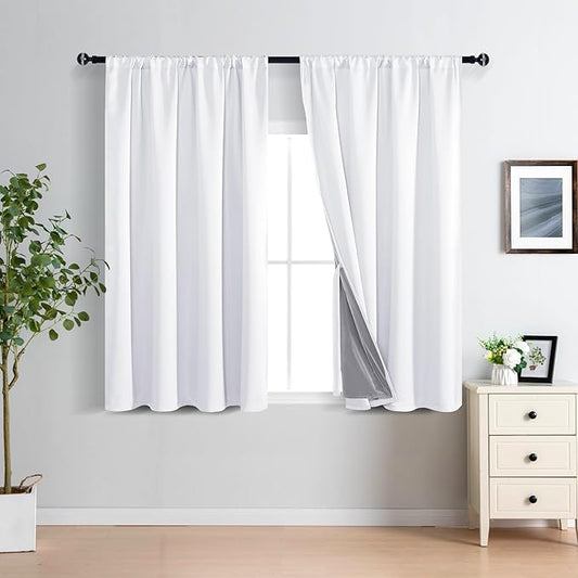 XWZO 100% Blackout Curtains with Tiebacks- 2 Thick Layers Completely Shaded Window Treatment Thermal Insulated Lined Rod Pocket Drapes for Bedroom/Laundry Room, White, W52 x L45, Set of 2 Panels