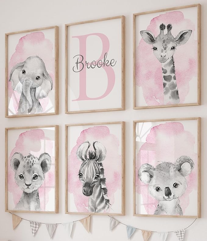 Safari Animals Set of 6 Unframed Poster Prints for Baby Girls Nursery Bedroom Playroom, Personalized Name, Choice of 12 Animals, Pink Purple (12x16)