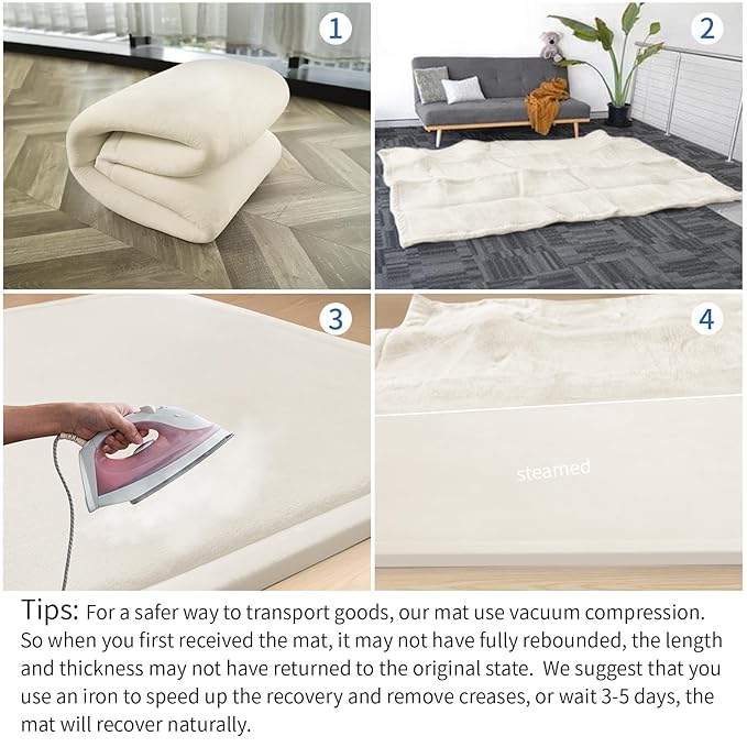 Baby Play Mat for Floor,1.3" Thick Elasti-Foam 50x50 Playpen Mat for Toddlers Infant Kids,Water-Repellent Soft Coral Velvet for Tummy Time,Non-Slip Backing for Crawling,Tatami Style(Cream)