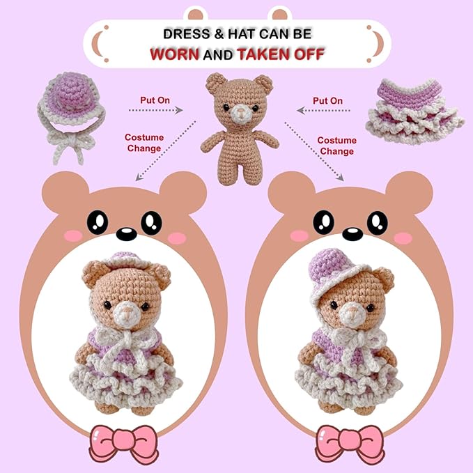 LoopMap Crochet Kit for Beginners - DIY Amigurumi Bear with Removable Dress & Accessories - Step-by-Step Video Tutorials, Extra Yarn, Crochet Tools, Handmade Gift for Kids & Adults (Bear K02, Purple)