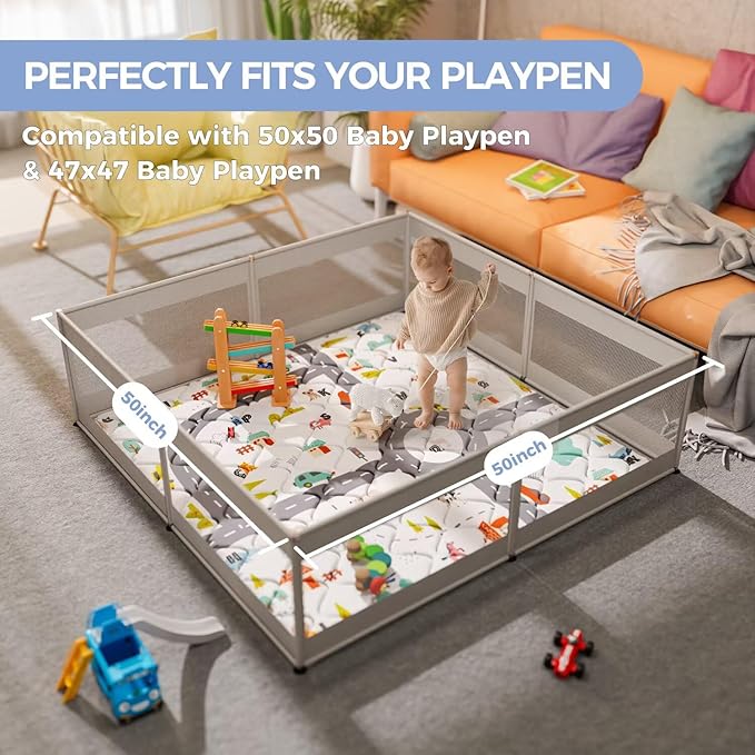 Car Portable Baby Play Mat 50x50 Playpen Mat Upgraded Thicken Baby Floor Play Mat Non-Slip Cushioned Crawling Mat Waterproof Activity Playmats for Babies Toddlers Infants (50x50, Letter Car)